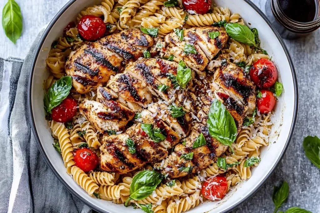 Tomato Basil Pasta with Balsamic Grilled Chicken topped with fresh basil and cherry tomatoes in a white skillet