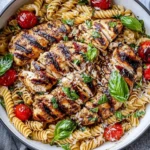 Tomato Basil Pasta with Balsamic Grilled Chicken topped with fresh basil and cherry tomatoes in a white skillet