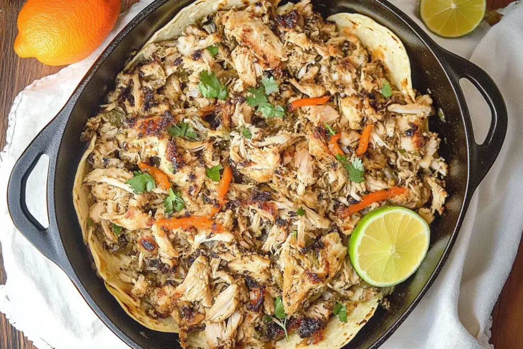 Crisped Slow Cooker Chicken Carnitas in a skillet with lime and cilantro garnish.