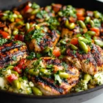 Grilled Chicken with Pepperoncini Garlic Butter served with feta, olives, and herbs in a skillet