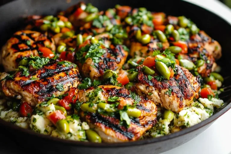 Grilled Chicken with Pepperoncini Garlic Butter served with feta, olives, and herbs in a skillet