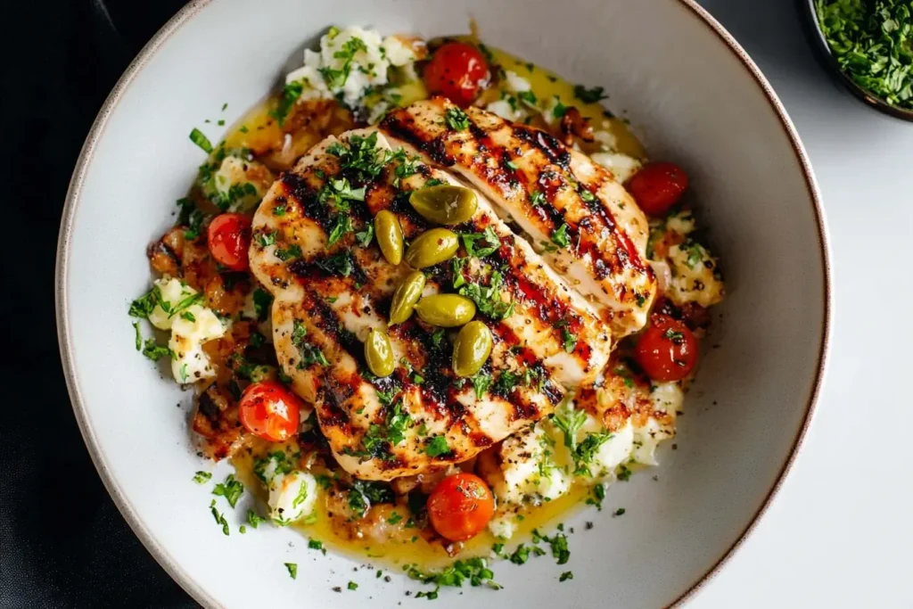 Grilled Chicken with Pepperoncini Garlic Butter plated over feta and cherry tomatoes