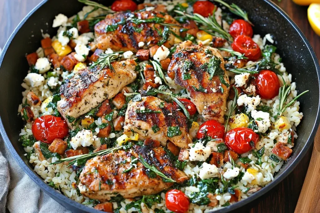 Greek Chicken and Lemon Rice skillet with roasted tomatoes, feta, and herbs.