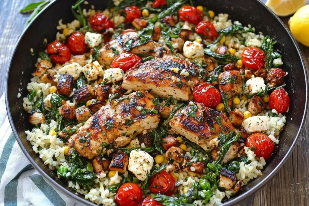 One-pan Greek Chicken and Lemon Rice with spinach, feta, and roasted tomatoes.