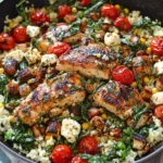 One-pan Greek Chicken and Lemon Rice with spinach, feta, and roasted tomatoes.