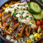 Loaded Chicken Fajita Rice Bowls topped with grilled chicken, veggies, and chipotle cream in a brown bowl
