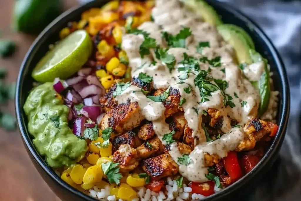 Loaded Chicken Fajita Rice Bowls topped with grilled chicken, guacamole, corn, onions, and chipotle cream