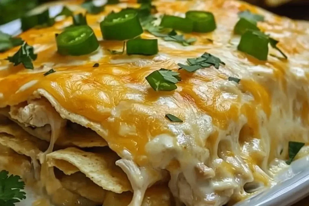 Close-up of creamy and cheesy Sour Cream Chicken Enchilada Casserole topped with jalapeños and cilantro.