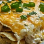 Close-up of creamy and cheesy Sour Cream Chicken Enchilada Casserole topped with jalapeños and cilantro.