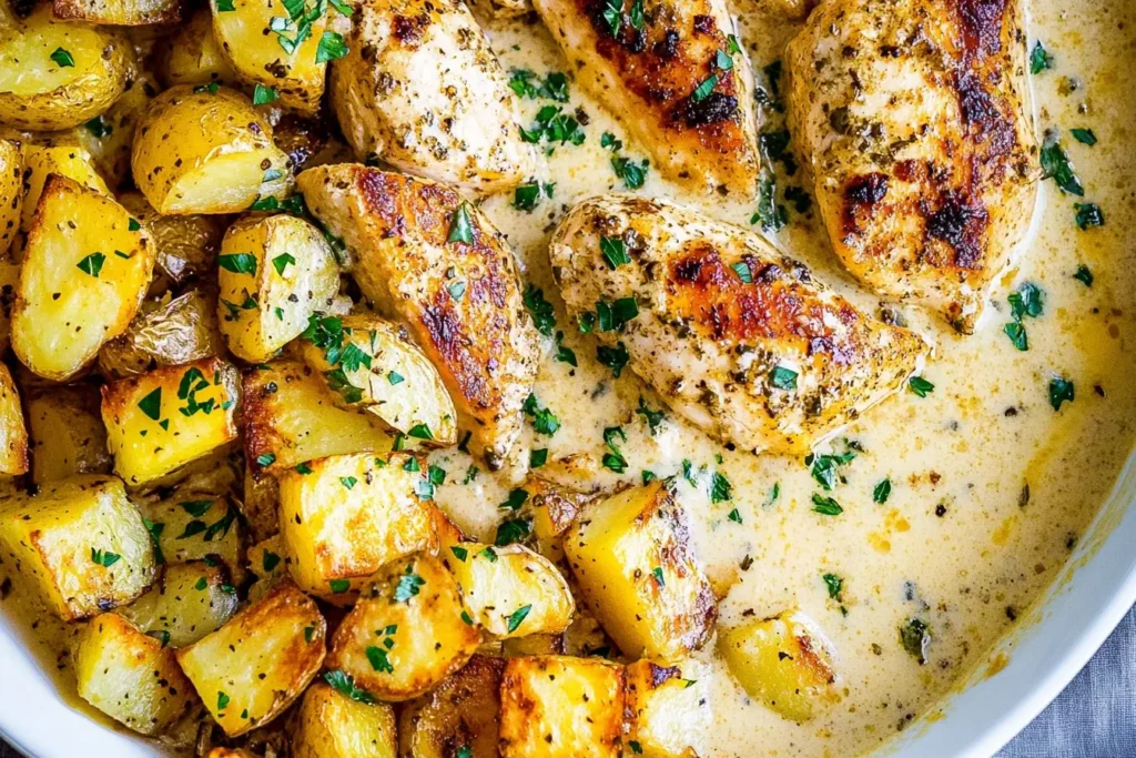 Close-up of Creamy Dijon Chicken and Potatoes with golden roasted cubes in a rich mustard cream sauce.