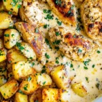 Close-up of Creamy Dijon Chicken and Potatoes with golden roasted cubes in a rich mustard cream sauce.