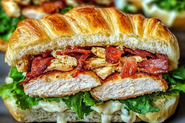 Chicken Caesar Croissant Sandwich layered with crispy bacon, juicy chicken, Romaine lettuce, and creamy Caesar dressing on a golden croissant.