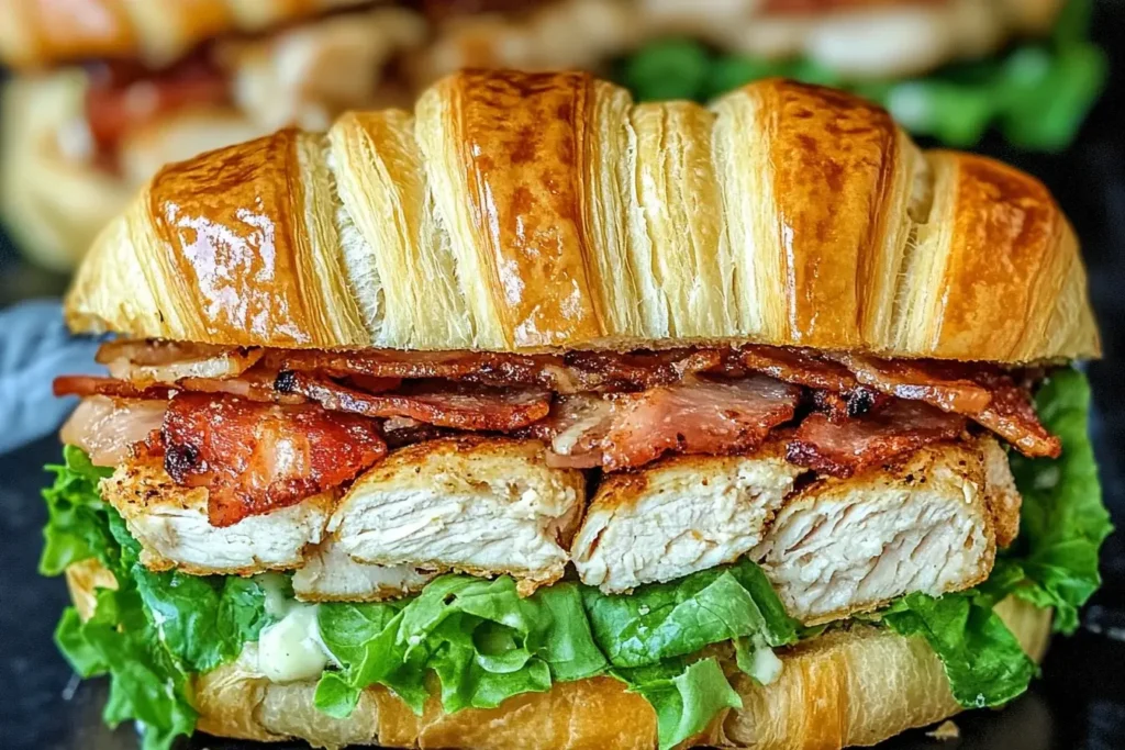 Close-up of a Chicken Caesar Croissant Sandwich filled with crispy bacon, juicy chicken breast, Romaine lettuce, and Caesar dressing.