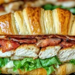 Close-up of a Chicken Caesar Croissant Sandwich filled with crispy bacon, juicy chicken breast, Romaine lettuce, and Caesar dressing.