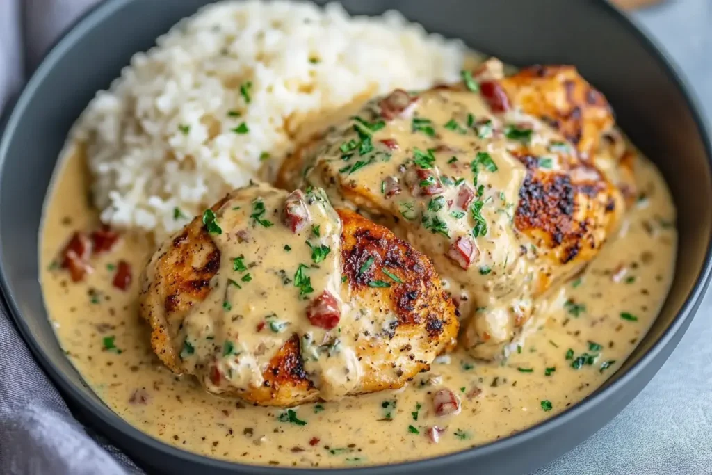 Seared chicken breasts in a creamy Boursin sauce with herbs and diced tomatoes, served alongside fluffy white rice — Chicken in Boursin Sauce.