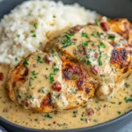 Seared chicken breasts in a creamy Boursin sauce with herbs and diced tomatoes, served alongside fluffy white rice — Chicken in Boursin Sauce.