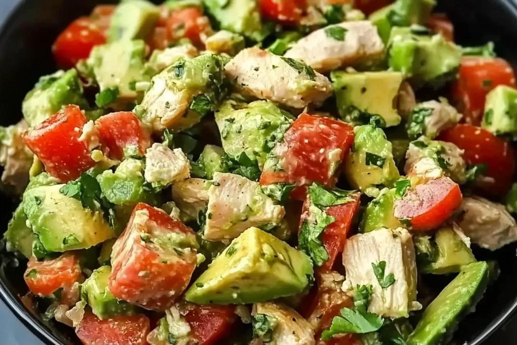 Close-up of a colorful Healthy Avocado Chicken Salad with diced chicken, avocado, cherry tomatoes, and fresh herbs in a black bowl.