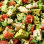 Close-up of a colorful Healthy Avocado Chicken Salad with diced chicken, avocado, cherry tomatoes, and fresh herbs in a black bowl.