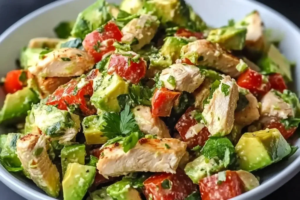 Colorful bowl of Healthy Avocado Chicken Salad with diced avocado, grilled chicken, cherry tomatoes, and fresh herbs.