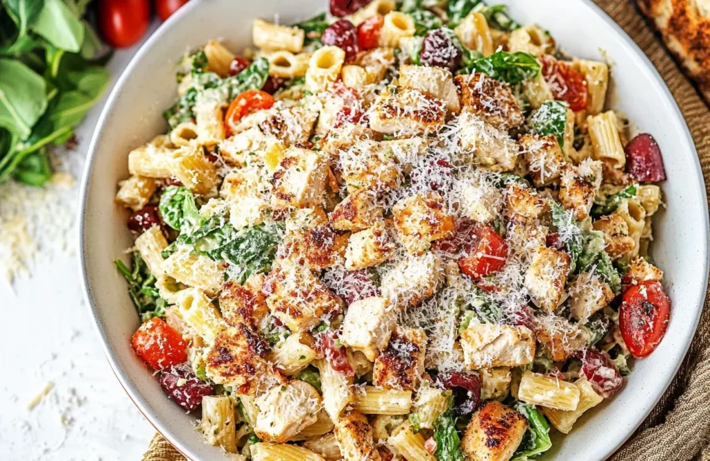 Bowl of Chicken Caesar Pasta Salad with grilled chicken, cherry tomatoes, and shredded Parmesan.