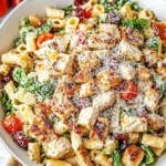 Bowl of Chicken Caesar Pasta Salad with grilled chicken, cherry tomatoes, and shredded Parmesan.