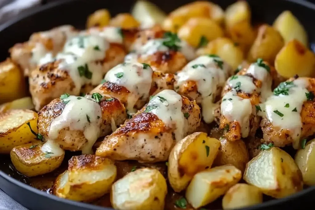 Garlic Parmesan Chicken and Potatoes with golden roasted baby potatoes and melted cheese, served in a black skillet.