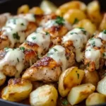 Garlic Parmesan Chicken and Potatoes with golden roasted baby potatoes and melted cheese, served in a black skillet.