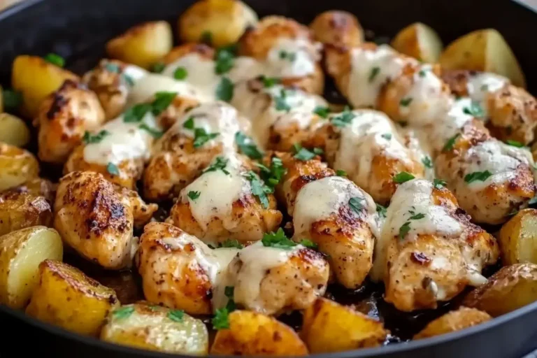 Garlic Parmesan Chicken and Potatoes baked with golden crispy edges and melted cheese, garnished with fresh parsley in a skillet.