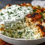 Dump and Bake Chicken Tzatziki Casserole in a white bowl, topped with creamy tzatziki sauce and seasoned chicken pieces, garnished with fresh herbs and served with lemon wedges.