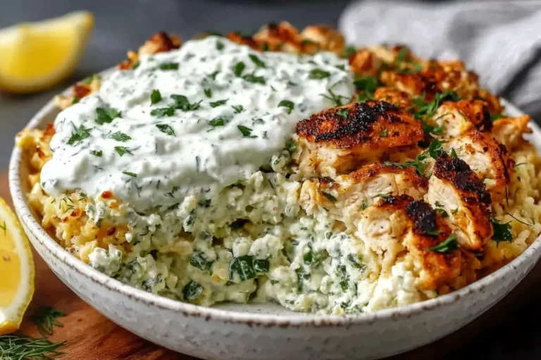 Dump and Bake Chicken Tzatziki Casserole in a white bowl, topped with creamy tzatziki sauce and seasoned chicken pieces, garnished with fresh herbs and served with lemon wedges.