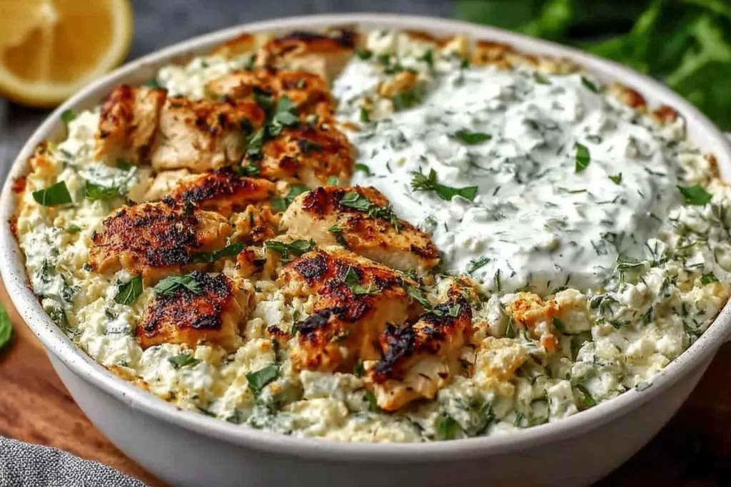 Dump and Bake Chicken Tzatziki Casserole in a casserole dish with golden-browned chicken pieces, creamy tzatziki sauce, fresh herbs, and a lemon wedge in the background.