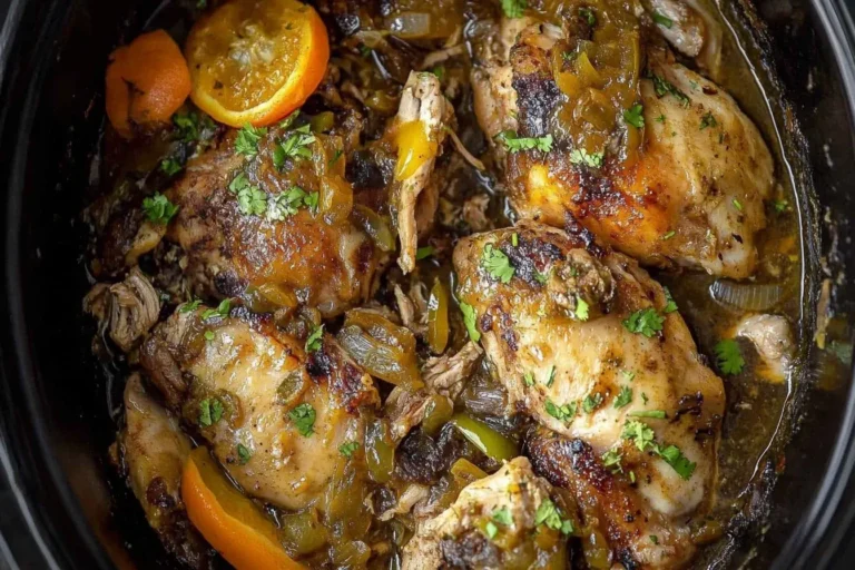 Slow Cooker Chicken Carnitas cooked with citrus, jalapeños, and spices in a crockpot.