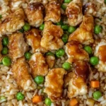 Bang Bang Chicken Fried Rice with crispy chicken, peas, and carrots in a white bowl.