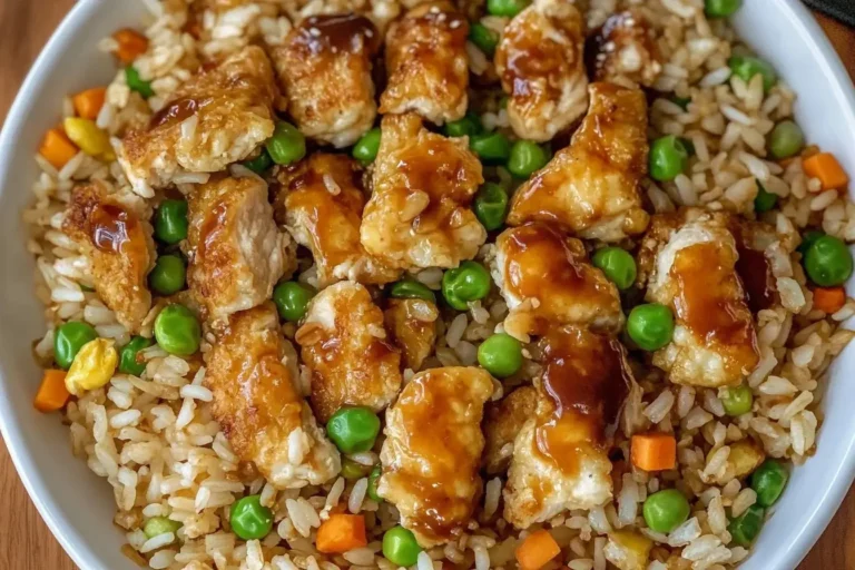 Bang Bang Chicken Fried Rice with crispy chicken, peas, and carrots in a white bowl.