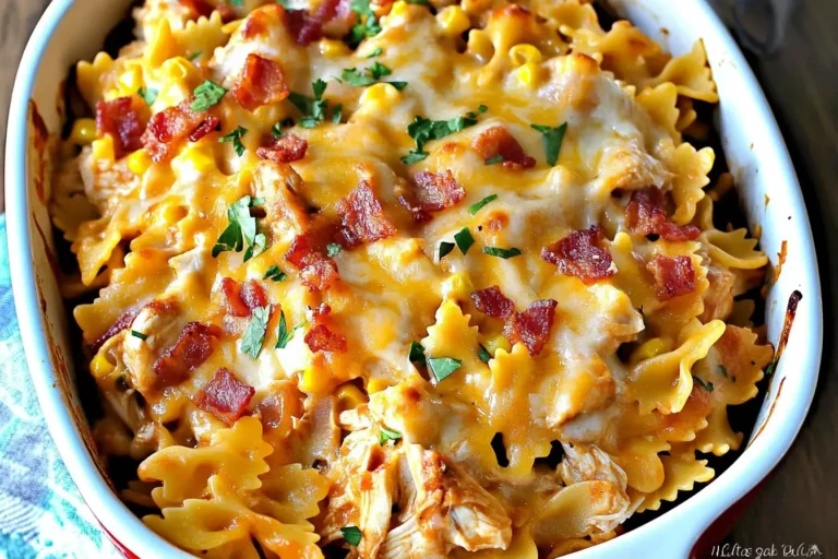 Close-up of cheesy BBQ Ranch Chicken Casserole topped with crispy bacon and parsley in a white baking dish.