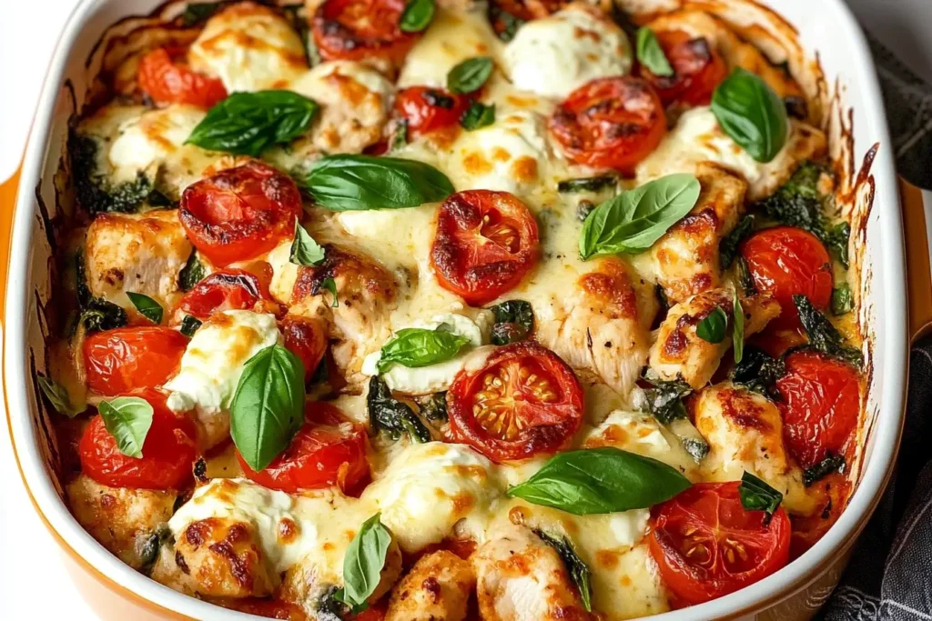 Freshly baked Chicken and Mozzarella Bake with roasted cherry tomatoes, spinach, and basil in a casserole dish.