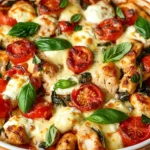 Freshly baked Chicken and Mozzarella Bake with roasted cherry tomatoes, spinach, and basil in a casserole dish.
