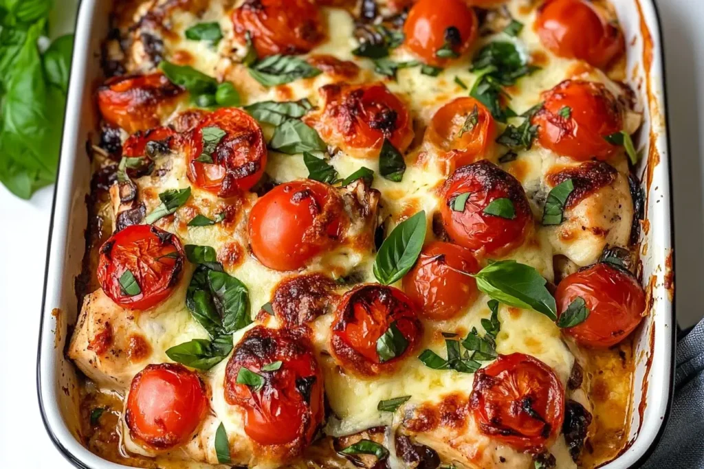Baked Chicken and Mozzarella Bake topped with cherry tomatoes and fresh basil in a white casserole dish.
