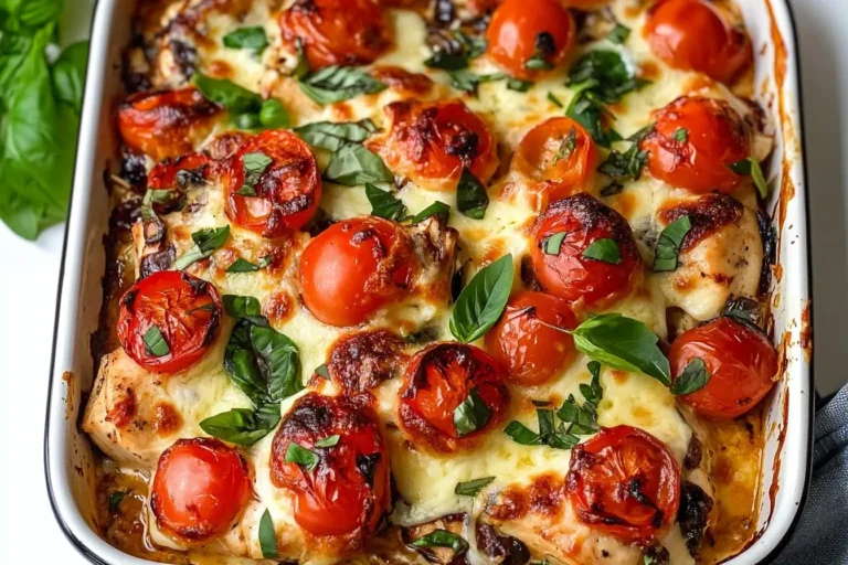 Baked Chicken and Mozzarella Bake topped with cherry tomatoes and fresh basil in a white casserole dish.