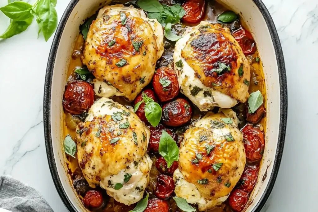 Oven-baked Ricotta Chicken thighs with fresh basil and roasted cherry tomatoes in a white dish.