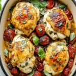 Oven-baked Ricotta Chicken thighs with fresh basil and roasted cherry tomatoes in a white dish.