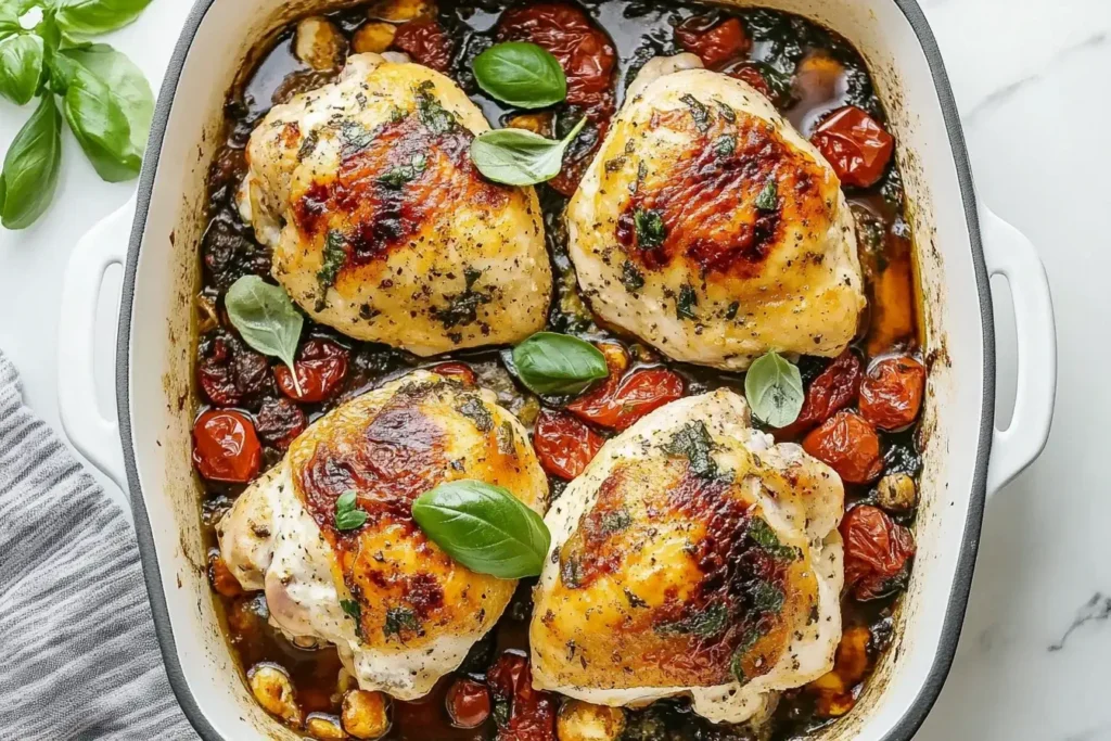 Baked Ricotta Chicken with golden crispy skin, fresh basil, and cherry tomatoes in a white baking dish.