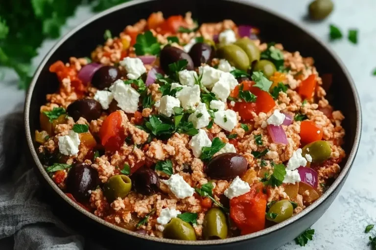 Mediterranean Keto Ground Chicken Skillet with Olives and Feta served in a black bowl and topped with parsley