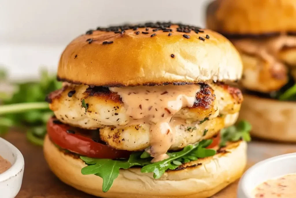 Grilled Chicken Burgers with Bang-Bang Sauce served on a toasted bun with fresh greens and tomato.