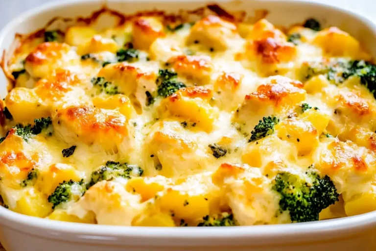 Baked Chicken Potato Broccoli Casserole with golden cheese topping in a white dish