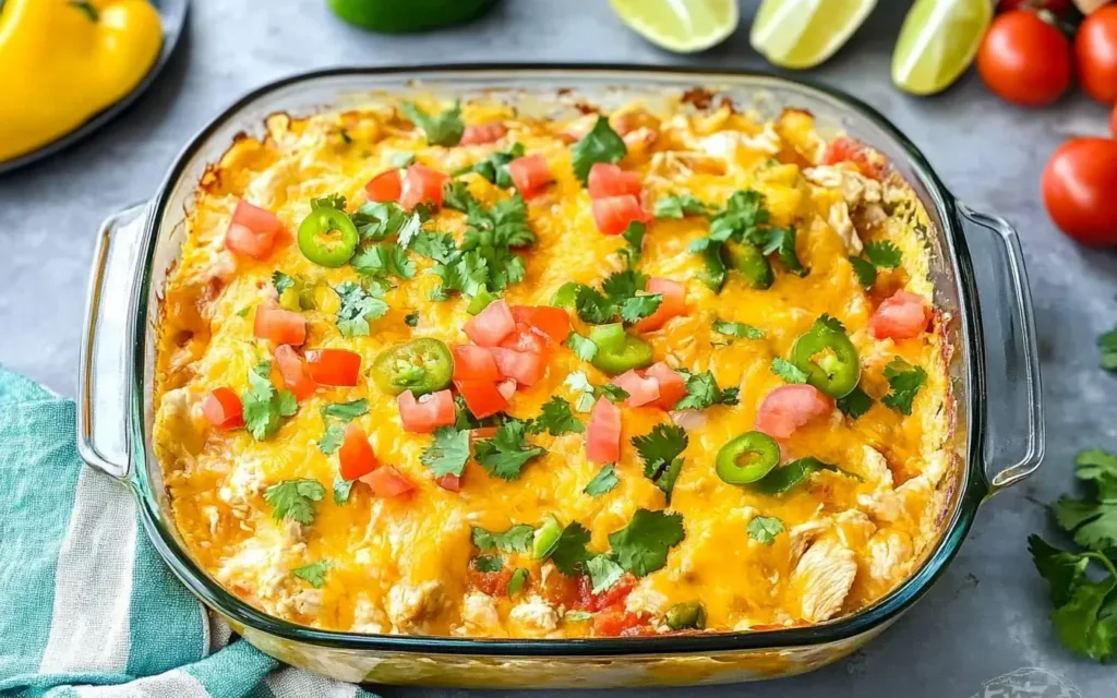 Freshly baked Mexican Chicken Casserole topped with melted cheese, diced tomatoes, jalapeños, and cilantro in a glass baking dish.