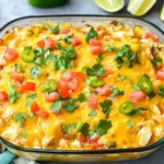 Freshly baked Mexican Chicken Casserole topped with melted cheese, diced tomatoes, jalapeños, and cilantro in a glass baking dish.