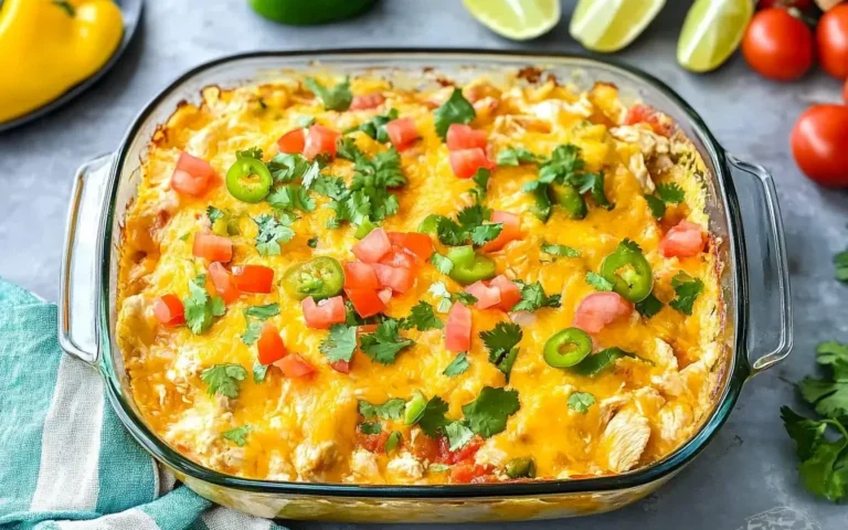 Freshly baked Mexican Chicken Casserole topped with melted cheese, diced tomatoes, jalapeños, and cilantro in a glass baking dish.