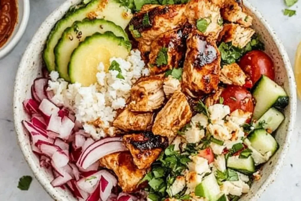 Cava Honey Harissa Chicken Bowls with grilled chicken, rice, cucumbers, and fresh toppings in a white ceramic bowl.