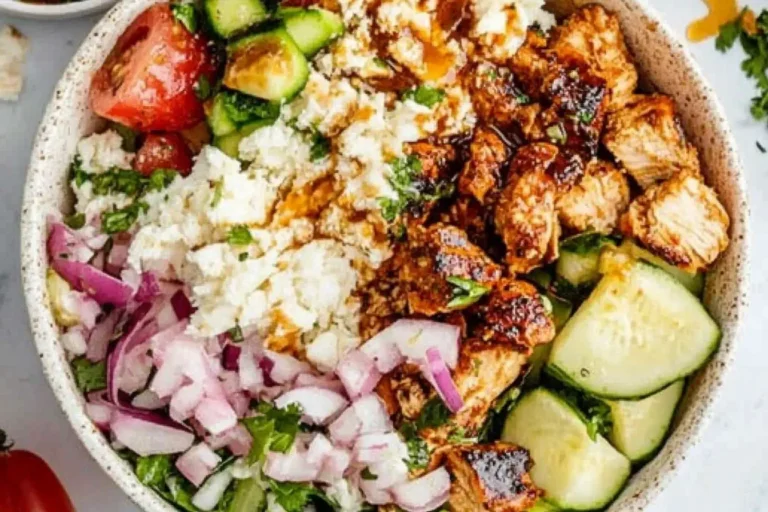 Cava Honey Harissa Chicken Bowls with grilled chicken, feta, cucumbers, onions, and fresh vegetables in a ceramic bowl.